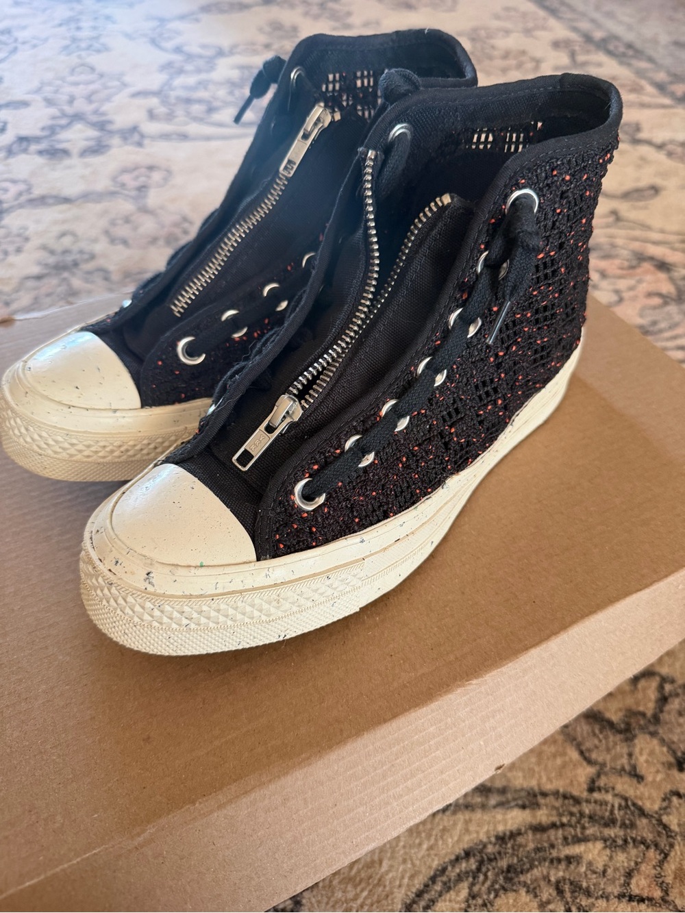 High-Top Zip Up Converse in Black with orange accents